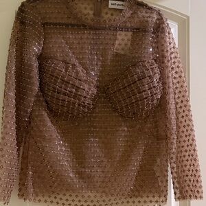 NWT Self-Portrait Dusty Mauve Beaded Sheer Long Sleeve Blouse
